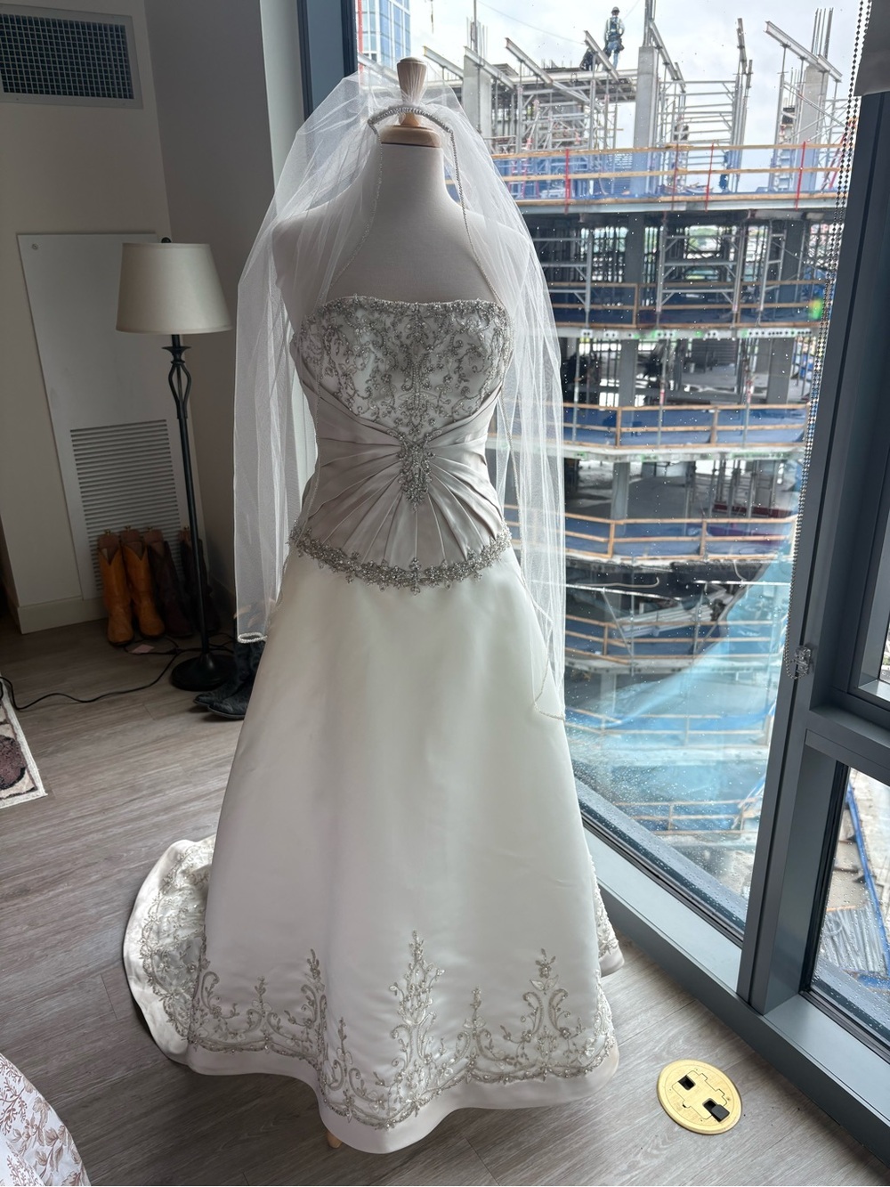 Mori Lee Ivory and Silver Beaded Strapless Wedding Dress